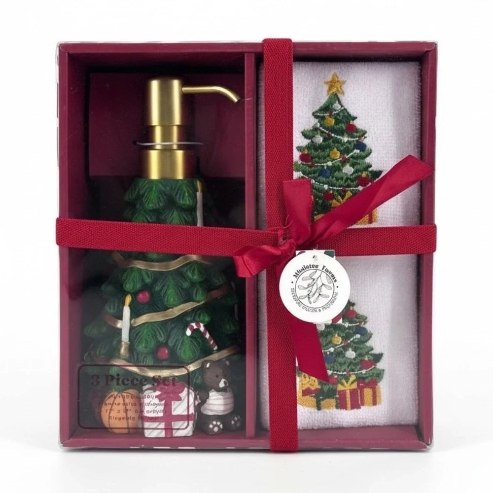 Mistletoe Farms Christmas Tree Soap Dispenser & Towel Set 3-Pc Macy's NEW